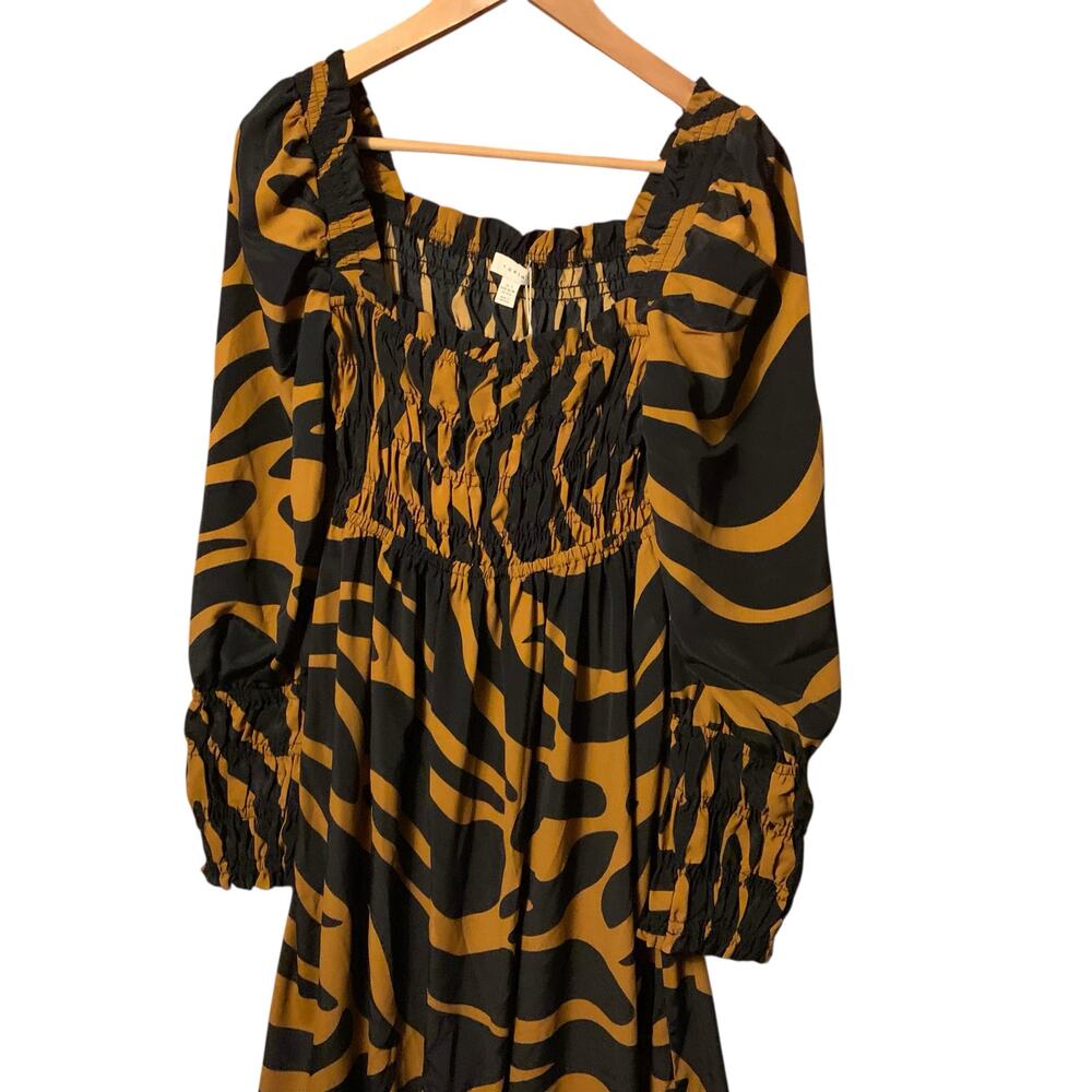TOPSHOP Shirred Long Sleeve Maxi Dress In Black Brown Multi - Picture 11 of 14